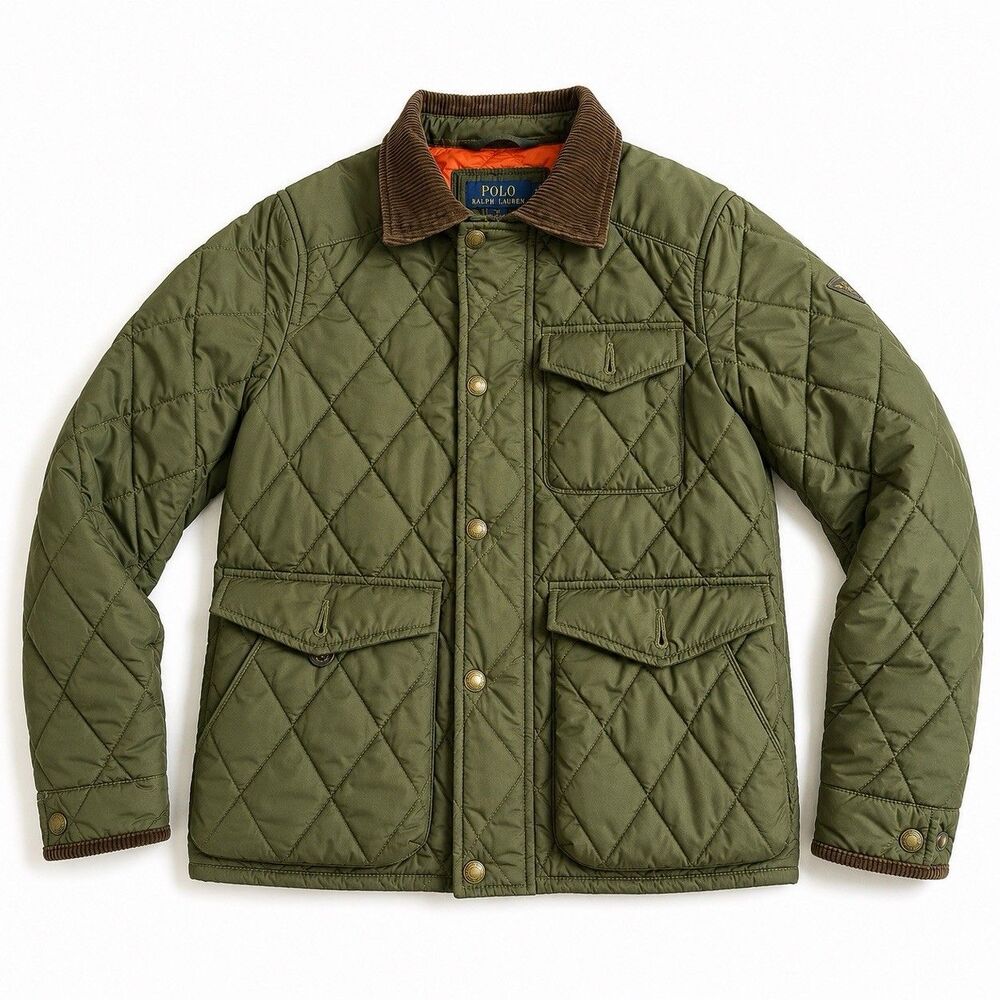 Polo Ralph Lauren Boys M 10-12 Olive Quilted Barn Jacket Corduroy Hunting Coat
